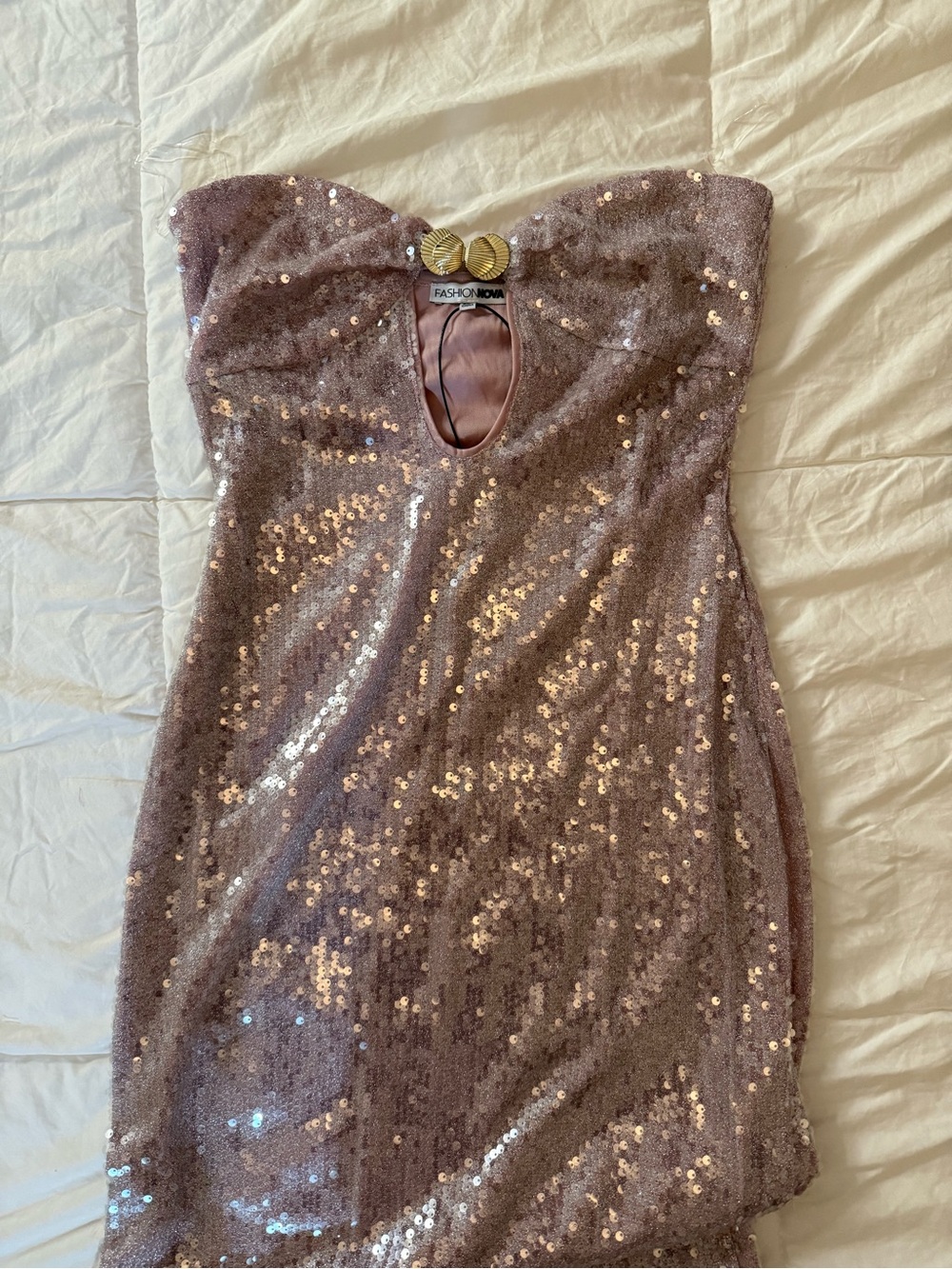 FASHION NOVA Rose Gold Sequin Strapless Dress